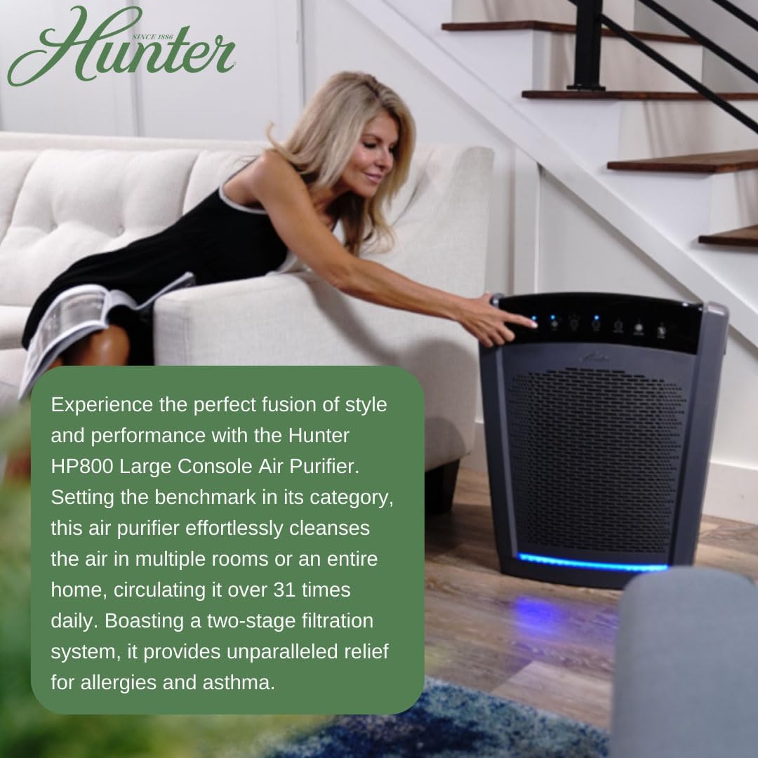 Hunter HP800 Air Purifiers for Home Large Room and Bedroom. True HEPA Air Purifier for Pets, Odors, Allergens, Smoke, Dust, VOC's. Value Bundle w/Extra Filter. Cleans 2585 Ft² per hour. White