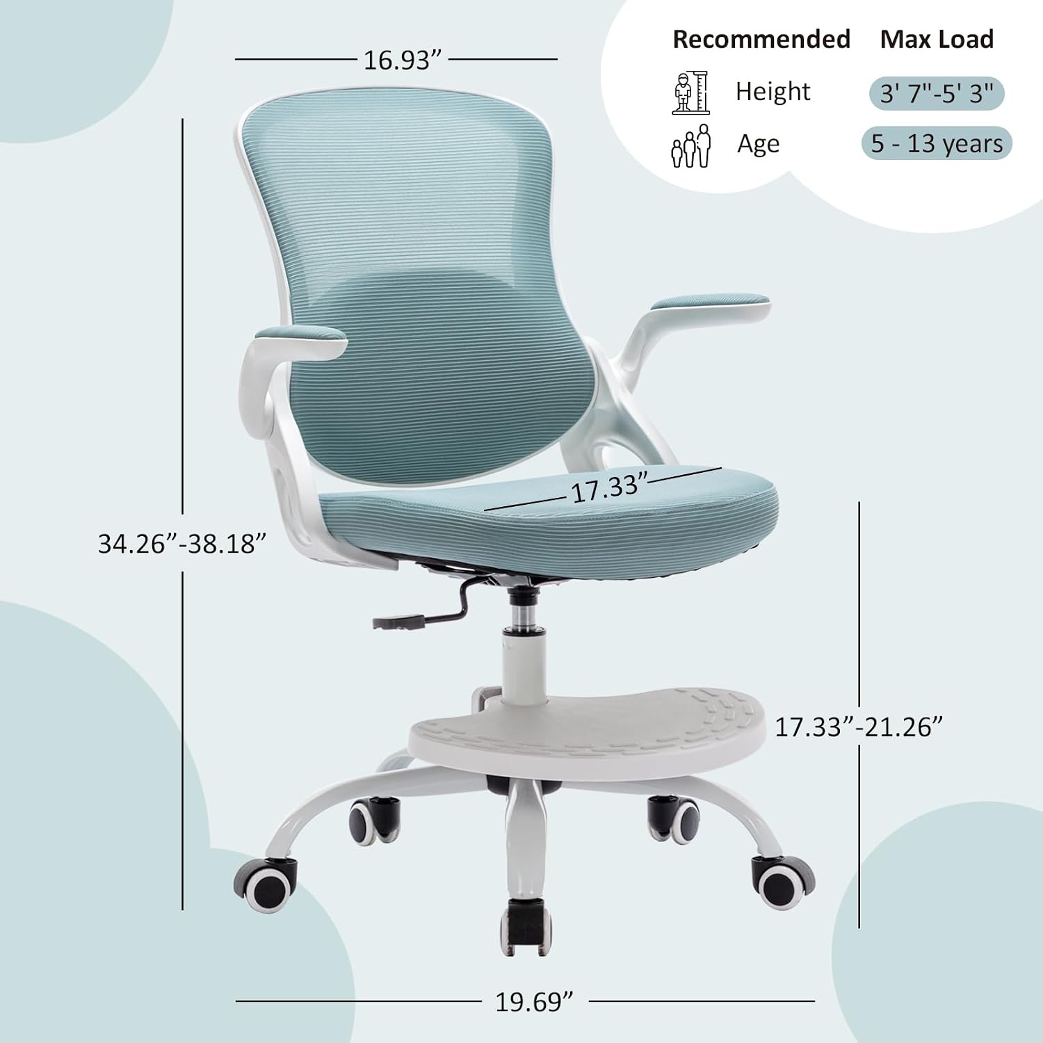 Kids Desk Chair,Ergonomic Study Chair with Adjustable Height,Swivel Mesh Desk Chair with Wheels,Home Office Chair for Children in Home Bedroom Blue