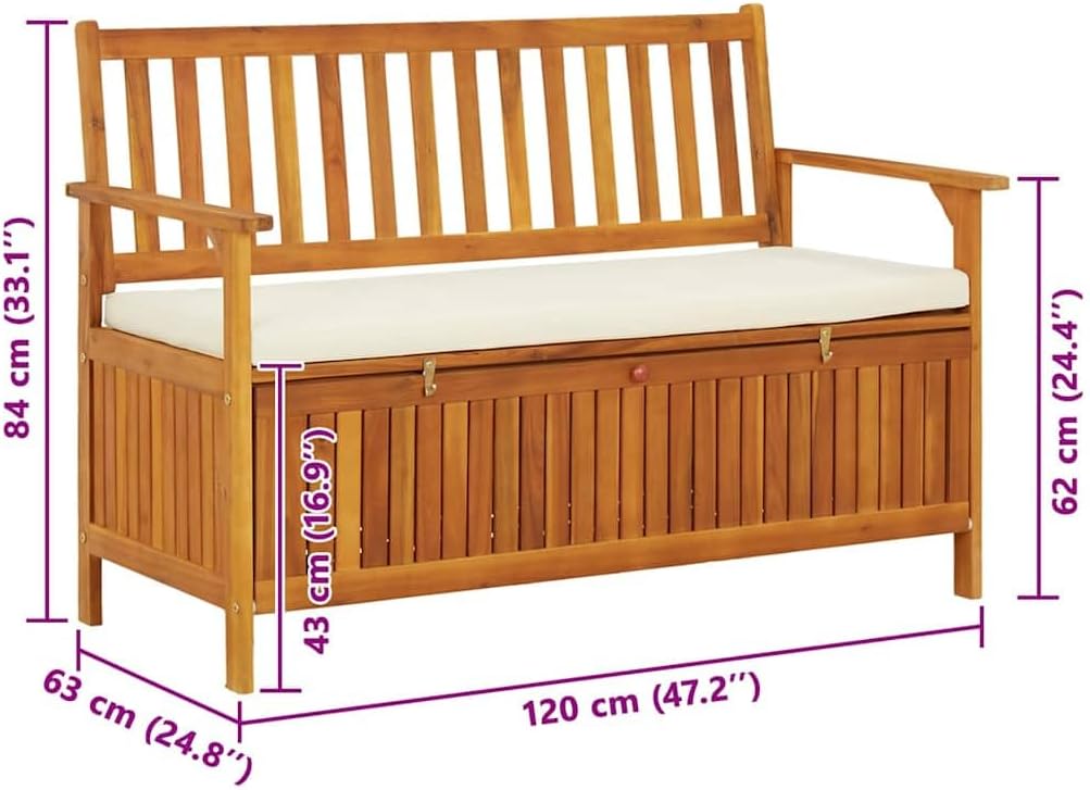 vidaXL Solid Acacia Wood Outdoor Storage Bench with Backrest, Armrests, and Cushion - 47.2'x24.8'x33.1' ic Patio Furniture with Large Storage Compartment