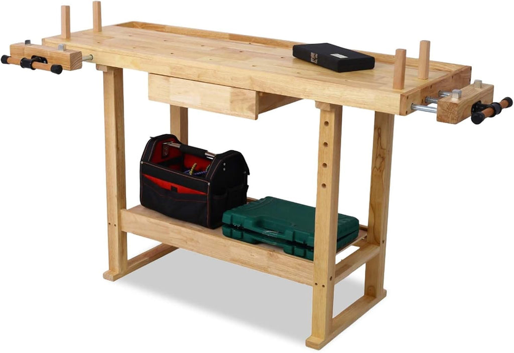 55' Rubber Wood Workbench, Heavy Duty Work Bench with Drawer& Shelf, Work Bench Table for Garage, Workshop, Home Storage, Woodworking Bench, 330 lbs Weight Capacity (55 Natural)