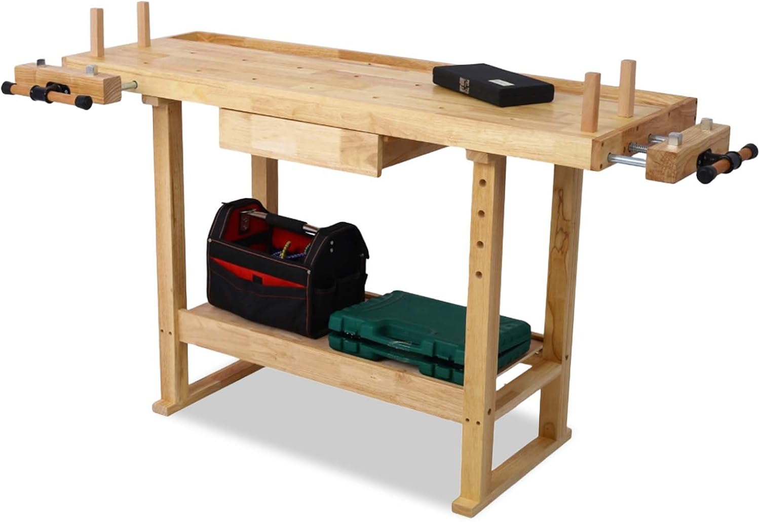 55' Rubber Wood Workbench, Heavy Duty Work Bench with Drawer& Shelf, Work Bench Table for Garage, Workshop, Home Storage, Woodworking Bench, 330 lbs Weight Capacity (55 Natural)