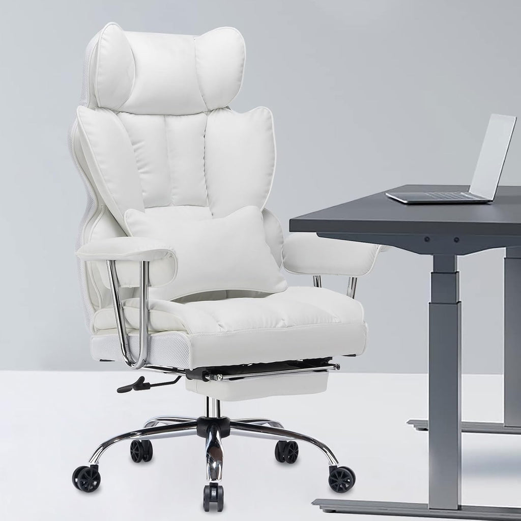 Efomao Big and Tall Office Chair, 400lbs Heavy Duty High Back Executive Chair with 23.6' Extra Wide Seat, PU Leather Desk Chair with Footrest and Padded Armrests, White