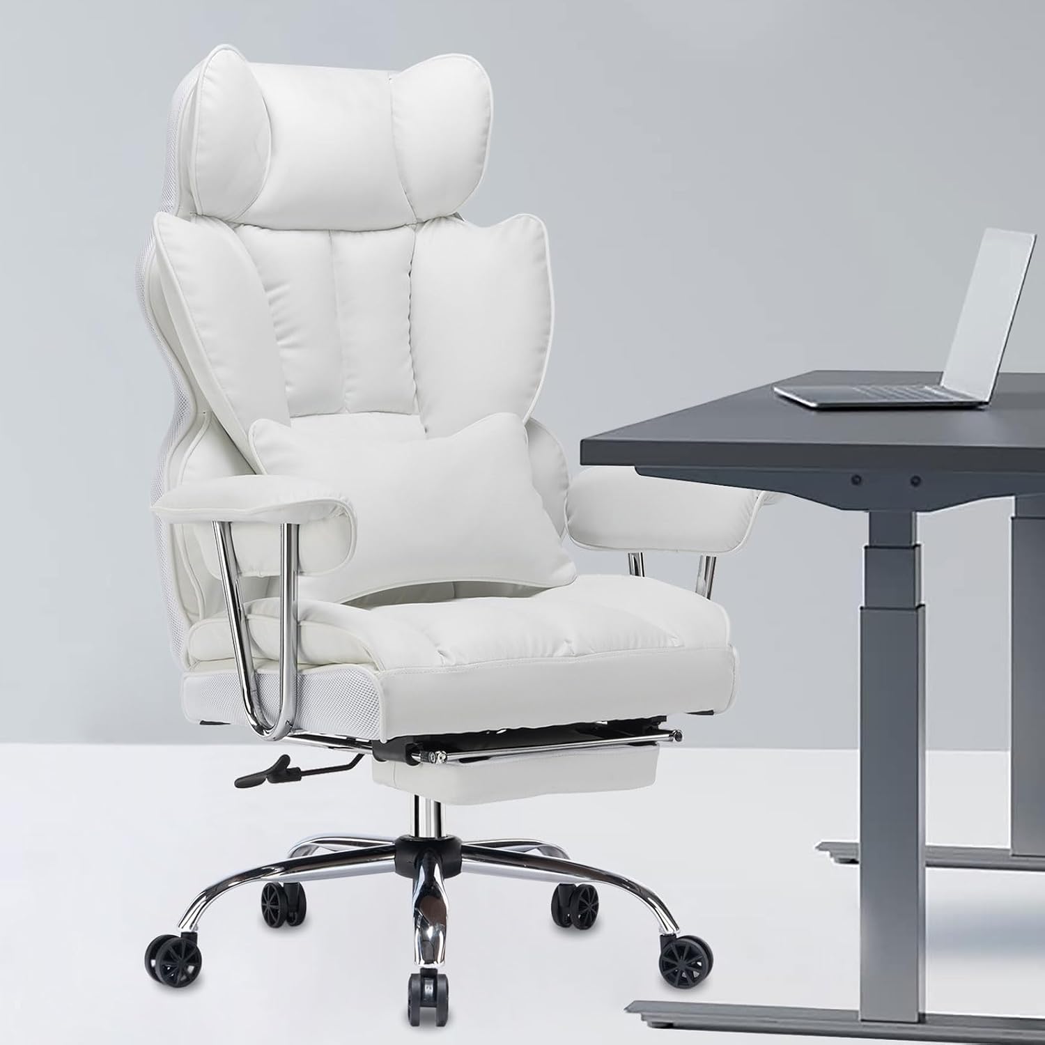 Efomao Big and Tall Office Chair, 400lbs Heavy Duty High Back Executive Chair with 23.6' Extra Wide Seat, PU Leather Desk Chair with Footrest and Padded Armrests, White