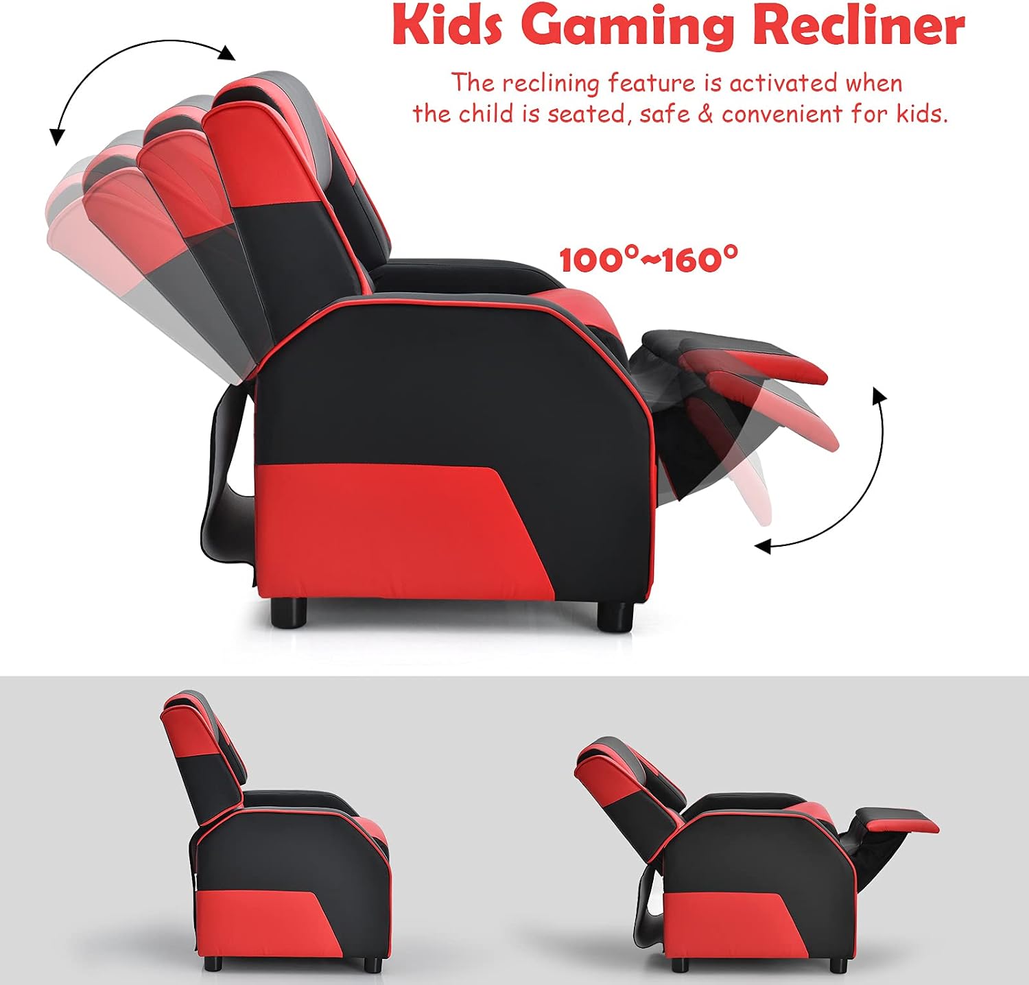 HONEY JOY Kids Recliner, Youth Game Reclining Chair w/Headrest & Back Pillow, Upholstered Leather Lounge Chair for Boys Girls, Manual Adjustable Toddler Single Sofa Chair for Living Room (Red)