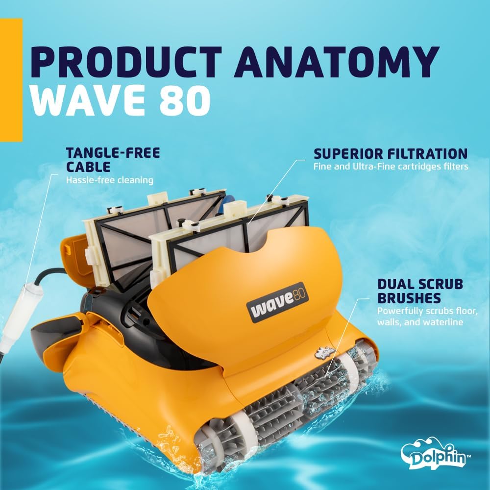 Dolphin Wave 80 Automatic Robotic Pool Vacuum Cleaner Includes Remote Control and Caddy, Waterline Scrubber Brush, Ideal for Commercial Pools up to 68 FT in Length