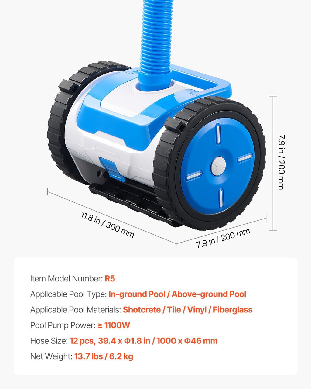VEVOR Suction Pool Cleaner, Automatic Pool Vacuum Cleaner, Suction Side Automatic Pool Cleaner, Suction Vacuum Pool Sweeper with 2 Wheels, for In-ground Pool and Above-Ground Pool Up to 20 x 40 ft