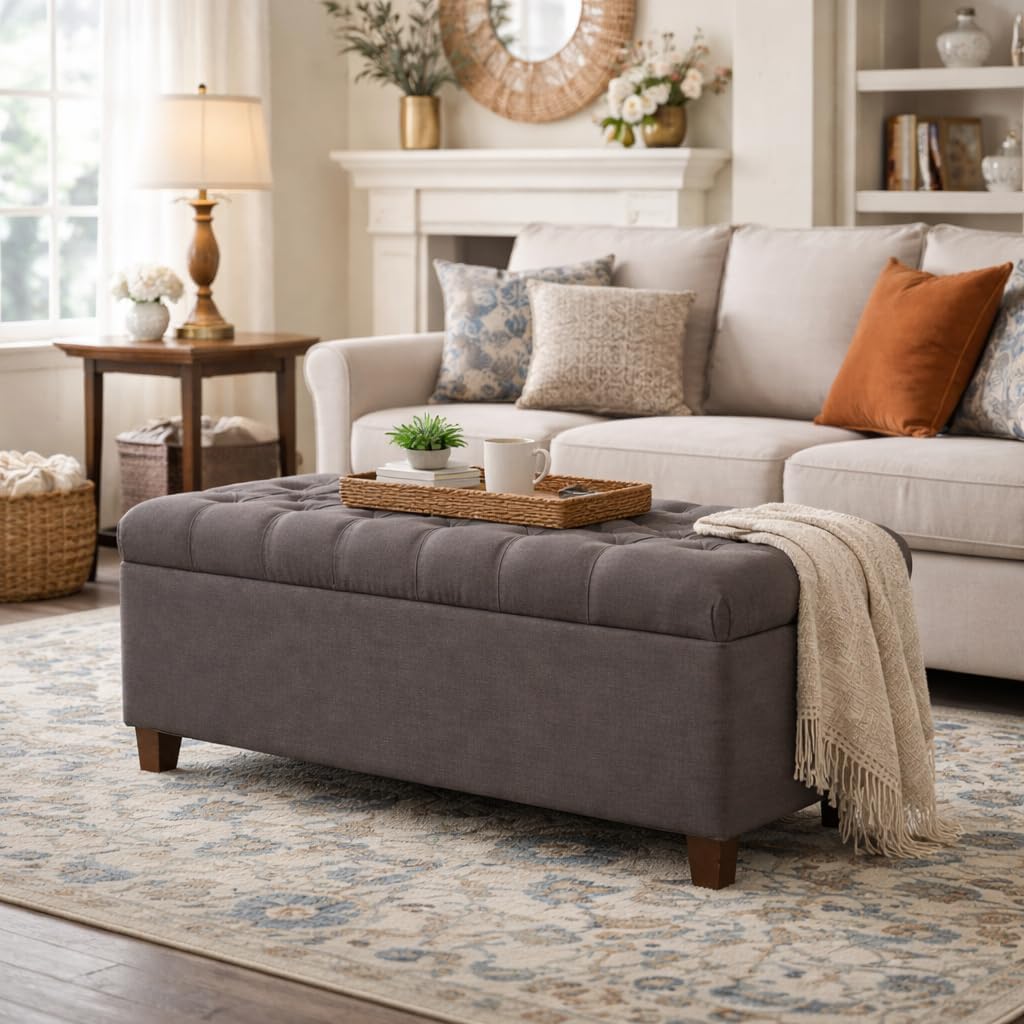Homepop Home Decor | Tufted Ainsley Button Storage Ottoman Bench with Hinged Lid | Ottoman Bench with Storage for Living Room & Bedroom, Charcoal Gray 18x40x18 inches