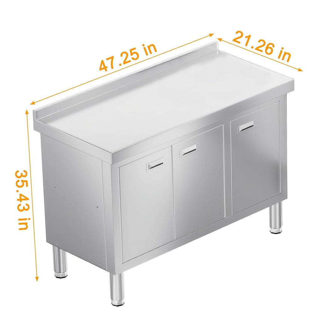 WWK 47' x 21' Stainless Steel Prep Table with Cabinet, Commercial Kitchen Table for Prep & Work, Heavy Duty Work Table with 3 Doors for Kitchen, Restaurant, Hotel, Garage and Cafe
