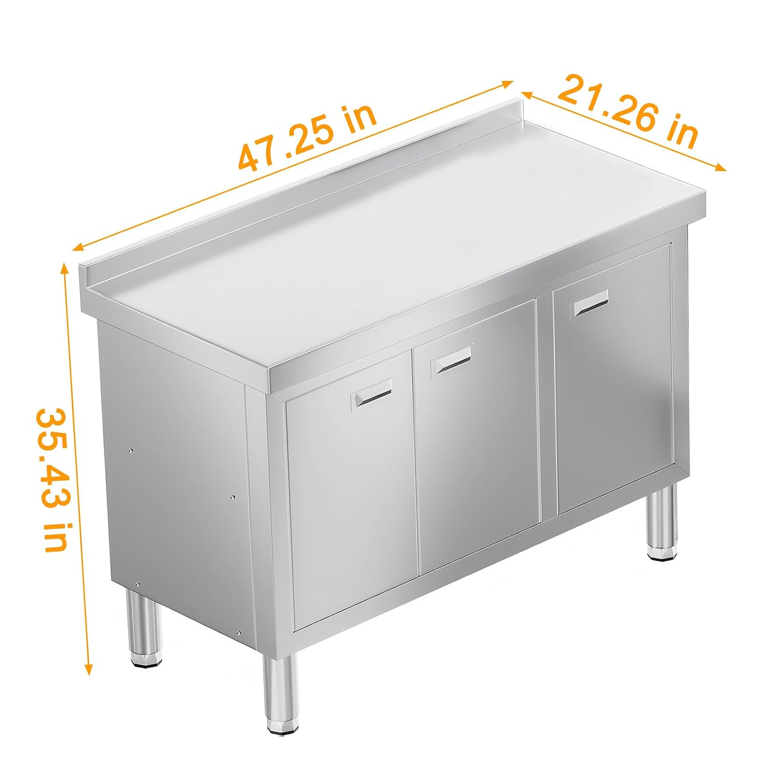 WWK 47' x 21' Stainless Steel Prep Table with Cabinet, Commercial Kitchen Table for Prep & Work, Heavy Duty Work Table with 3 Doors for Kitchen, Restaurant, Hotel, Garage and Cafe