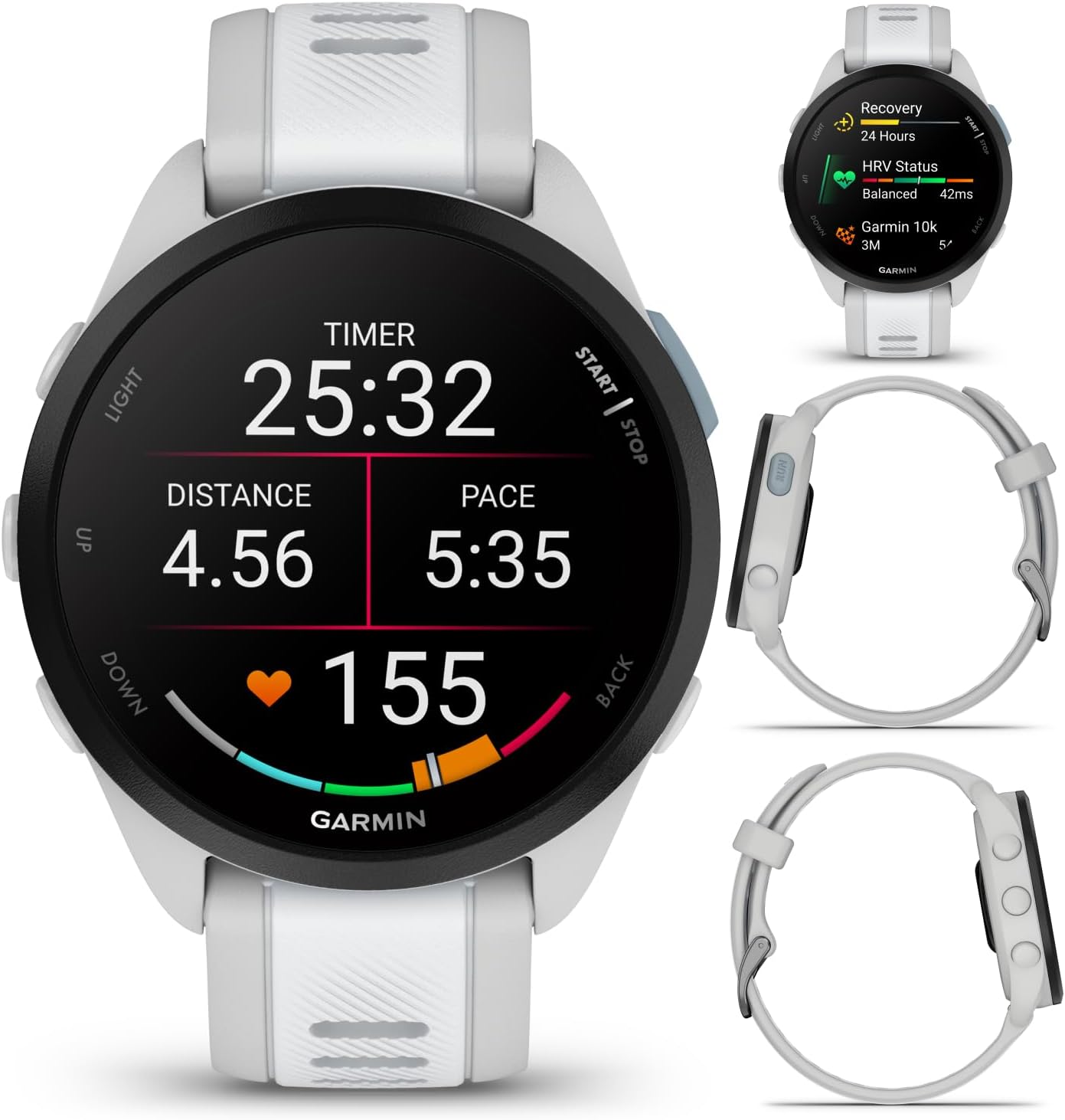 Garmin Forerunner 165 Music Running Smartwatch, Colorful AMOLED Touchscreen, Training Metrics and Recovery Insights Includes PowerPack +Adapters Bundle, Mist Gray/Whitestone