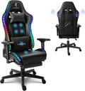 Computer Gaming Chair with RGB Lights, Video Gaming Chair with Speakers,Ergonomic Gaming Chair with Footrest, Adjustable Height Office Desk Chair with Wheels, Breathable Leather,Black