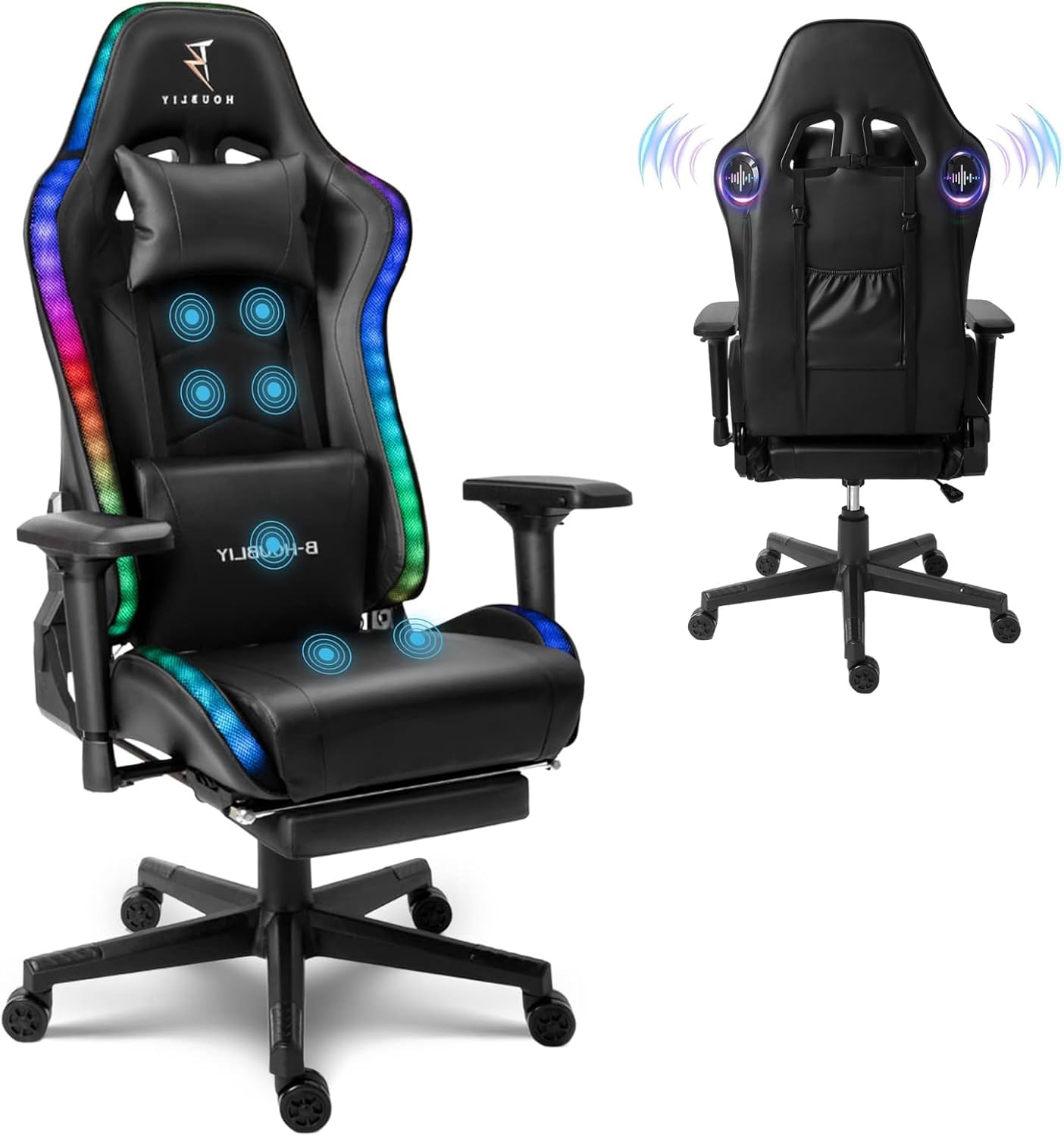 Computer Gaming Chair with RGB Lights, Video Gaming Chair with Speakers,Ergonomic Gaming Chair with Footrest, Adjustable Height Office Desk Chair with Wheels, Breathable Leather,Black