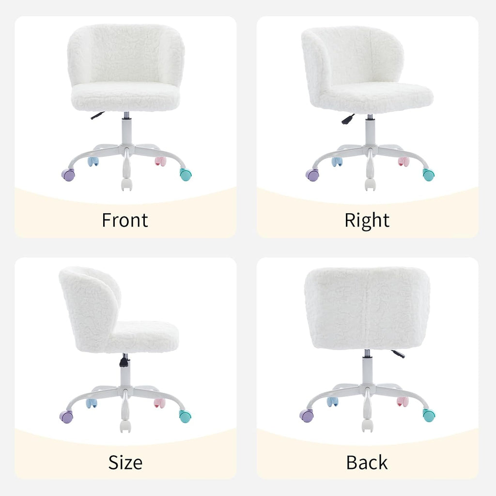 White Faux Fur Vanity Chair, Adjustable Swivel Home Office Chair with Colorful Wheels and Metal Base, Cute Makeup Chair for Women, Teens & Girls(White)
