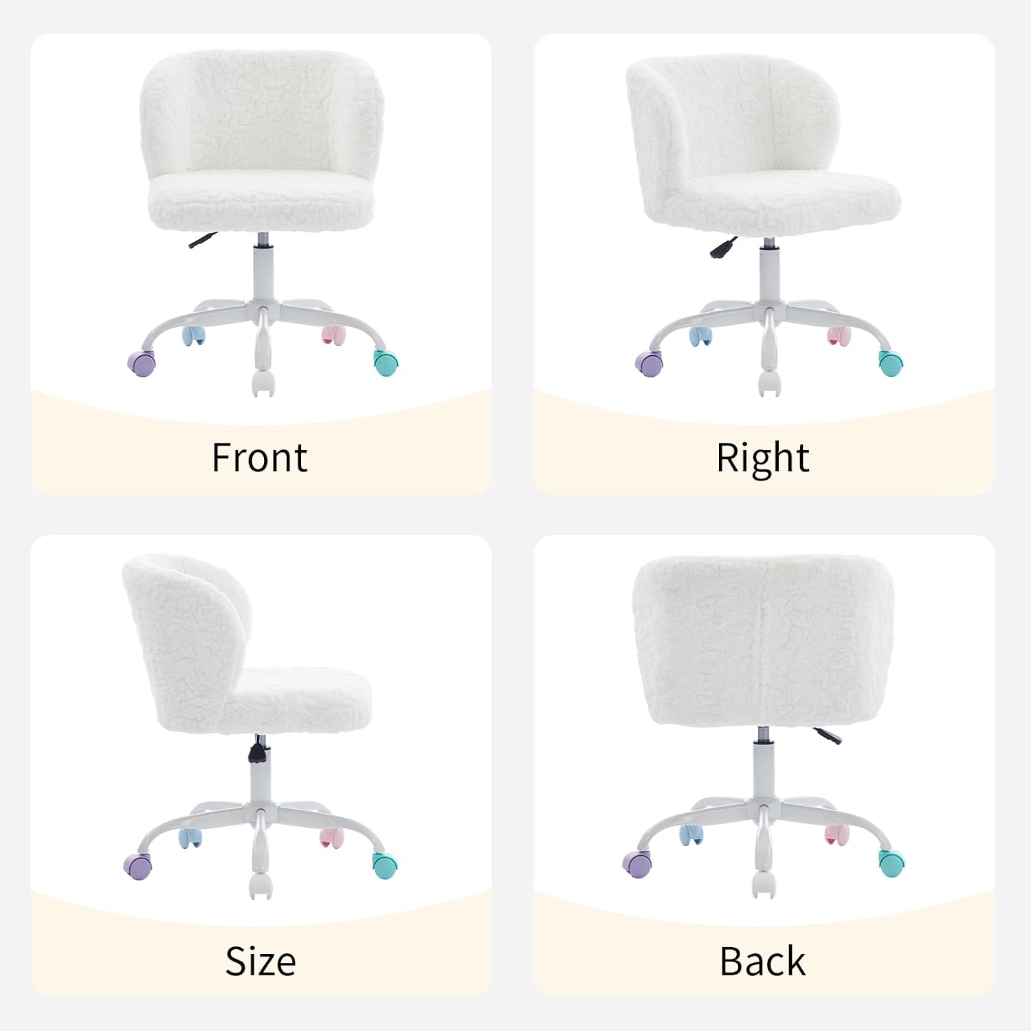 White Faux Fur Vanity Chair, Adjustable Swivel Home Office Chair with Colorful Wheels and Metal Base, Cute Makeup Chair for Women, Teens & Girls(White)