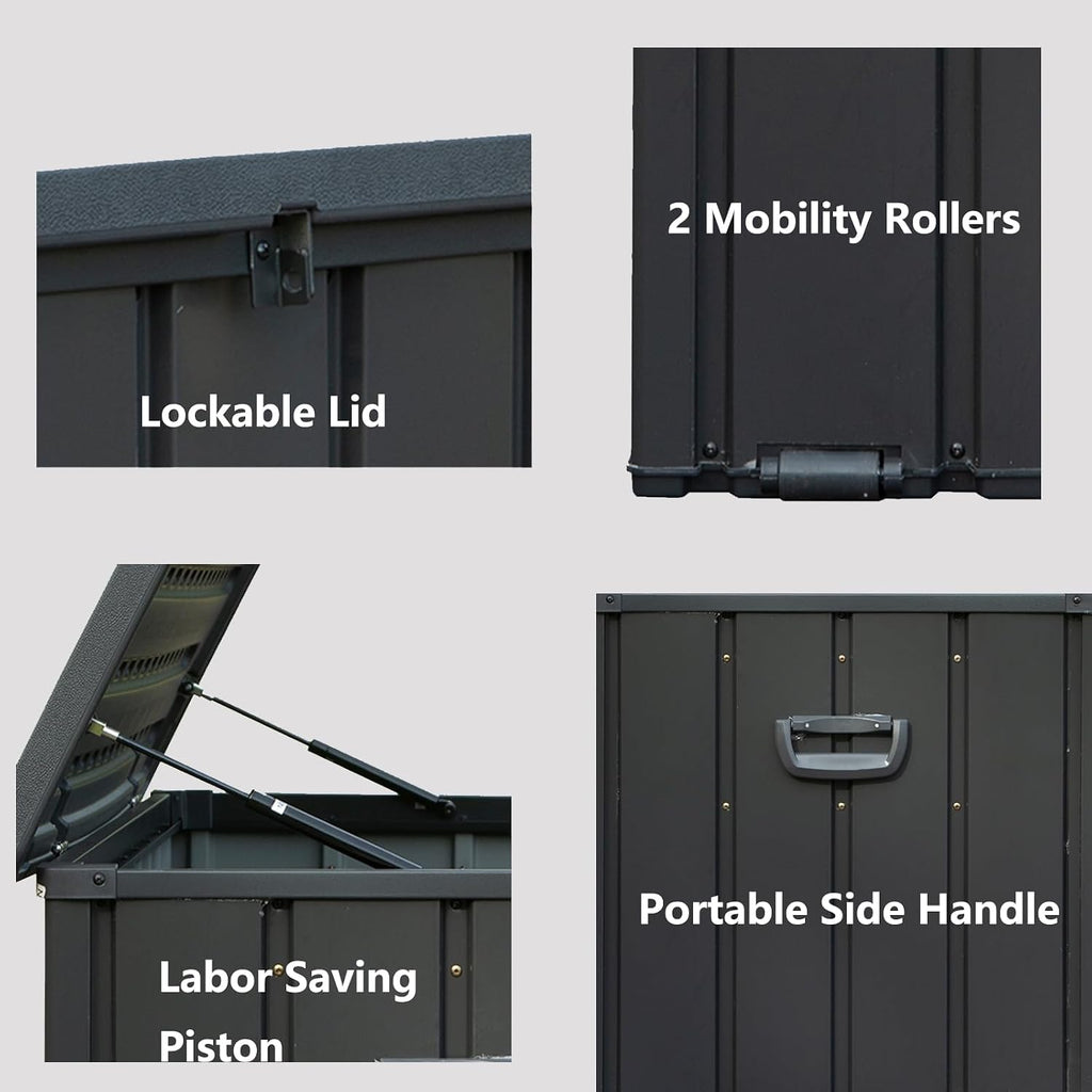 CHUNLY 100 Gallon Outdoor Waterproof Deck Box with Lockable Resin Lid, Storage Bench w/Mobility Rollers, All-weather Patio Storage Box for Outside Furniture Cushions, Garden Tools (Dark Gray)