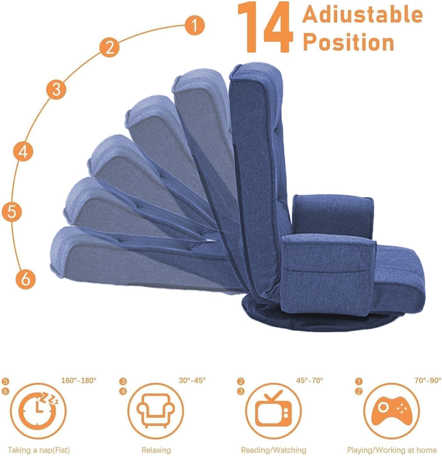 360 Swivel Gaming Chair 14-Position Adjustable Folding Floor Sofa with Armrests Lounger Bed for Home & Living Room Chaise Lounge Indoor for Adults (Blue-1)
