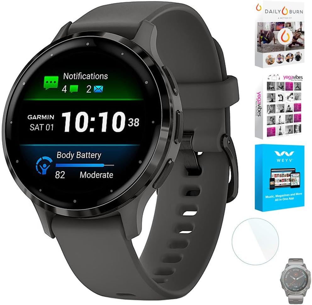 Garmin 010-02785-00 Venu 3S Health Fitness GPS Smartwatch Steel Bezel with Pebble Gray Case 41mm | Official USA Partner Model | Bundle with Deco Screen Protector, Fitness & Wellness Suite