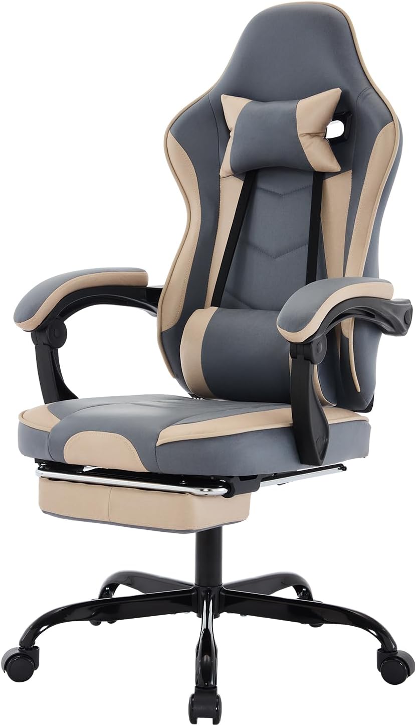 Gaming Chair with Footrest, Ergonomic Computer Chair with Headrest and Lumbar Support, Breathable Material Height Adjustable Swivel Video Game Chairs for Adults, 300lbs Max, Black & Beige