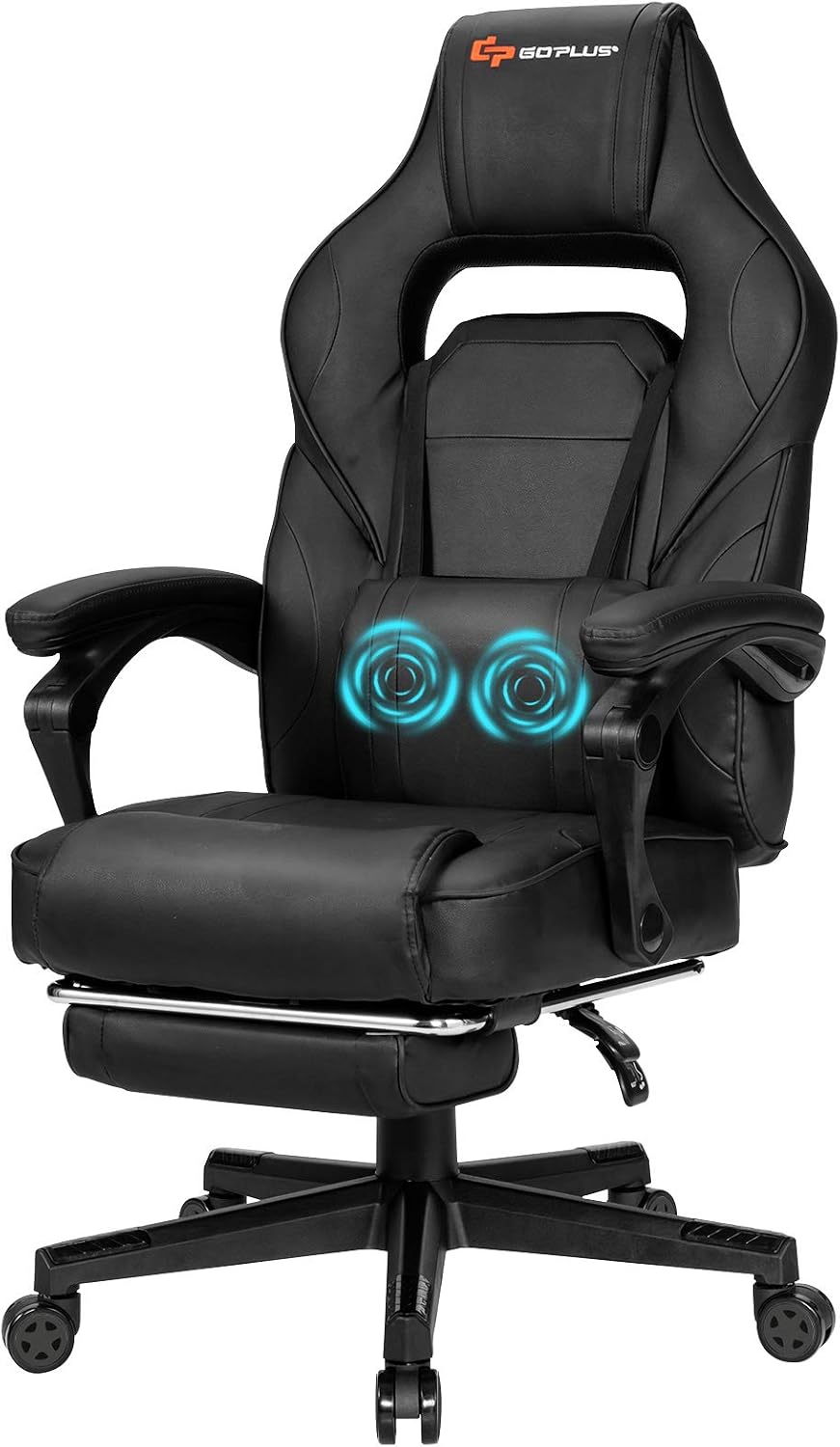 Goplus Massage Gaming Chair, Reclining Backrest, Seat Height Adjustment Racing Computer Office Chair with Footrest, Ergonomic High Back PU Swivel Game Chair (Black)