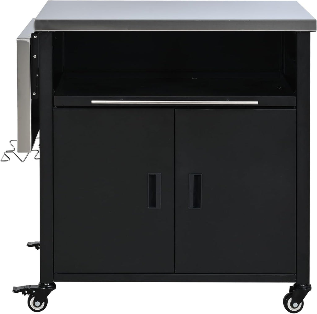 LUMISOL Grill Cart with Foldable Tabletop, Outdoor Foldable Kitchen Cart with Trash Rack, Portable Prep Station Patio Dining Cart with Storage Space and Open Drawer, for Patio Backyard, Black
