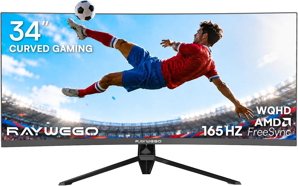 Raywego 34 Inch Curved Gaming Monitor, 165Hz 1500R WQHD(3440 x 1440), 1ms MPRT, FreeSync, PIP/PBP, 127% sRGB, HDR, HDMI2.0 & DP1.4 VESA, Tilt Adjustable, Pro Gaming (DP Cable Included)