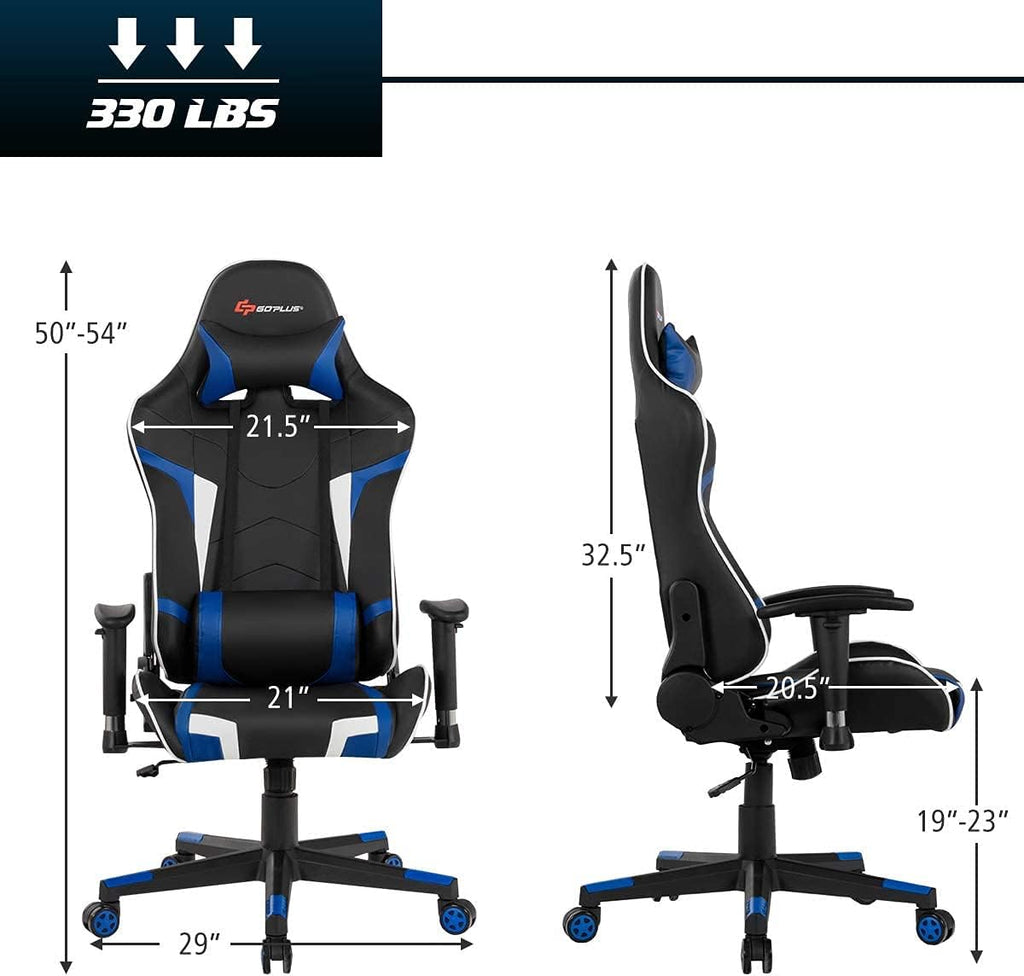 Massage Gaming Chair, High Back Office Computer Chair with Headrest and Lumbar Support, Racing Style Reclining Swiveling Game Chair for Home Office (Blue)
