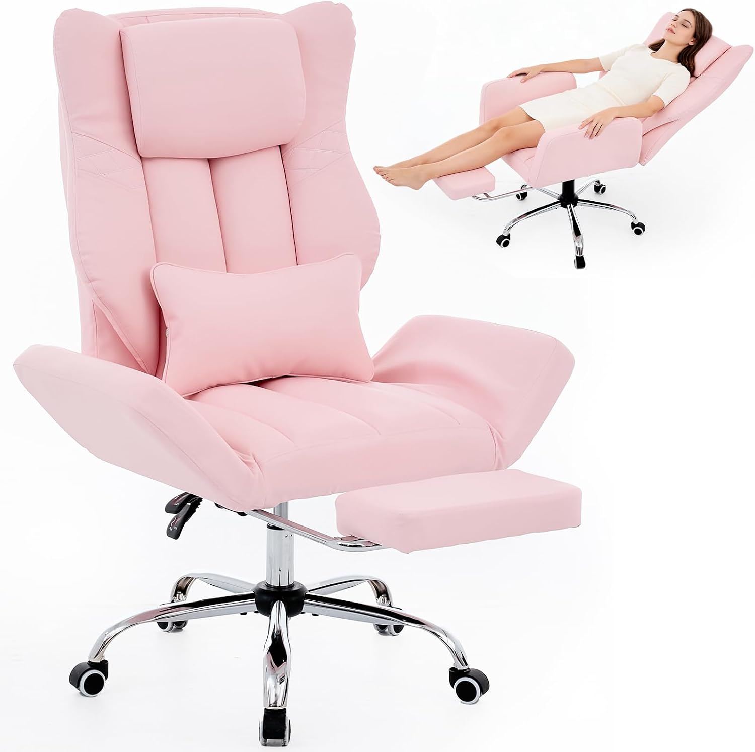 Criss Cross High Back Office Chair with Foot Rest, Ergonomic Cross Legged Desk Chair with Resivable Armrest, Comfortable Reclining 155°Swivel Chair for Home Office, Computer and Entertainment,(Pink)