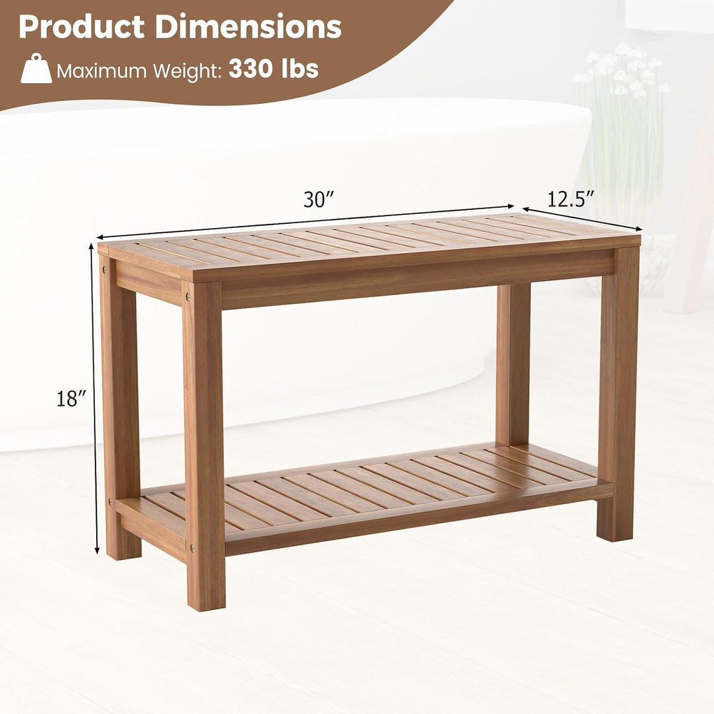 Giantex Teak Shower Bench with Shelf, 30 Inch Shower Stool with Slatted Seat for Elderly Seniors, Waterproof Bathroom Spa Bathing Seat Foot Rest Entryway Bench for Indoor and Outdoor Use