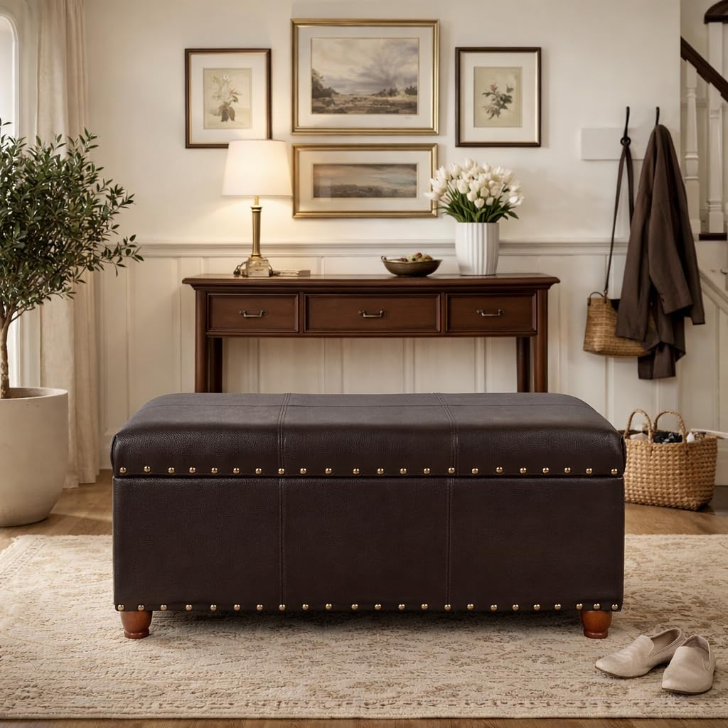 HomePop Espresso Faux Leather Storage Cocktail Bench with Nailhead Trim