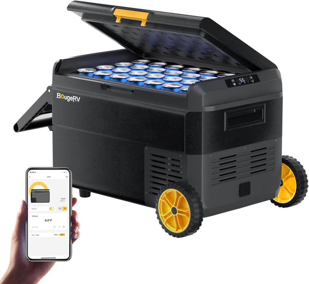 BougeRV 12 Volt Car Refrigerator, CRS 42 Quart Portable Fridge Freezer with APP Control, -4℉ to 68℉ Compressor Electric Cooler with Wheels 12/24V DC 110~240 Volt AC for Truck Van RV Camping Road Trip