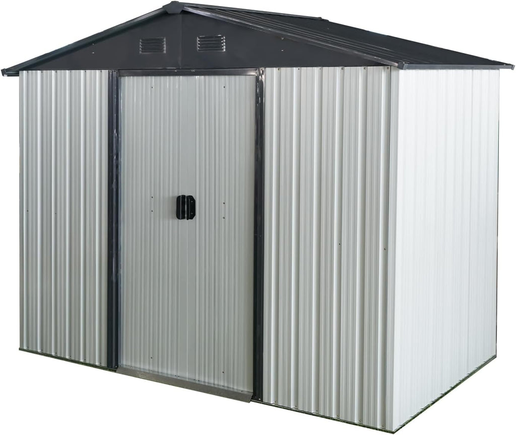 8 x 4 FT Outdoor Storage Shed, Metal Garden Shed with Floor Frame, Tool Shed Outdoor Storage with Lockable Sliding Doors & Air Vents, Storage House Waterproof for Backyard, Lawn, White and Black