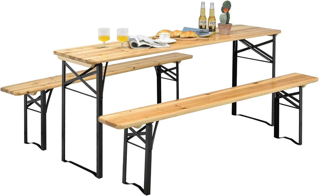 Giantex 70'' 3-Piece Portable Folding Picnic Beer Table with Seating Set Wooden Top Picnic Table for Patio Outdoor Activities Garden Use, 30'' Table Height