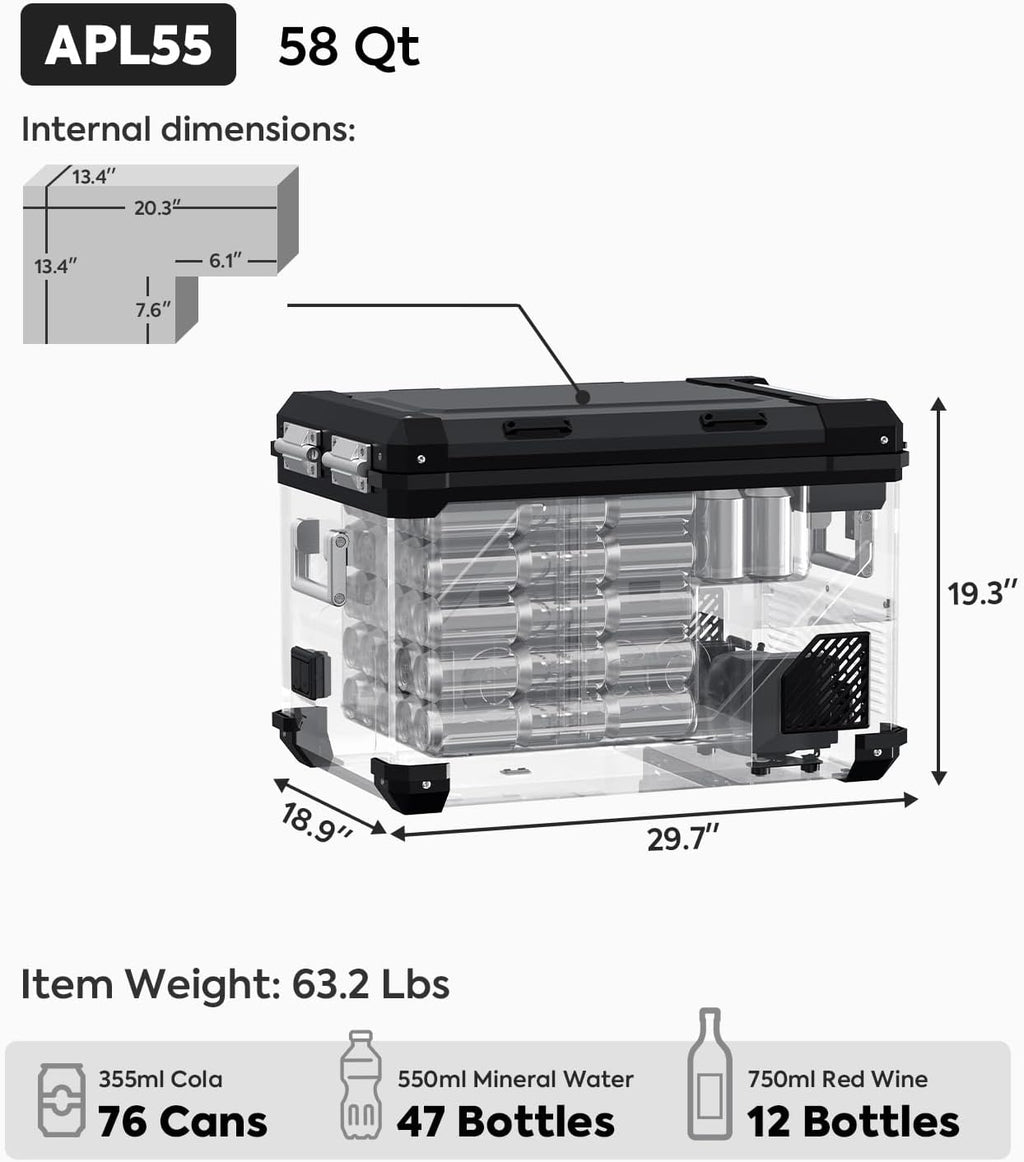 ICECO APL55 Dual Zone Portable Refrigerator Freezer Bluetooth Controlled, 55 Liter 12v refrigerator with SECOP Compressor, DC 12/24V, AC 110-240V, for Truck, Car and Home, -4℉~68℉ (Black)