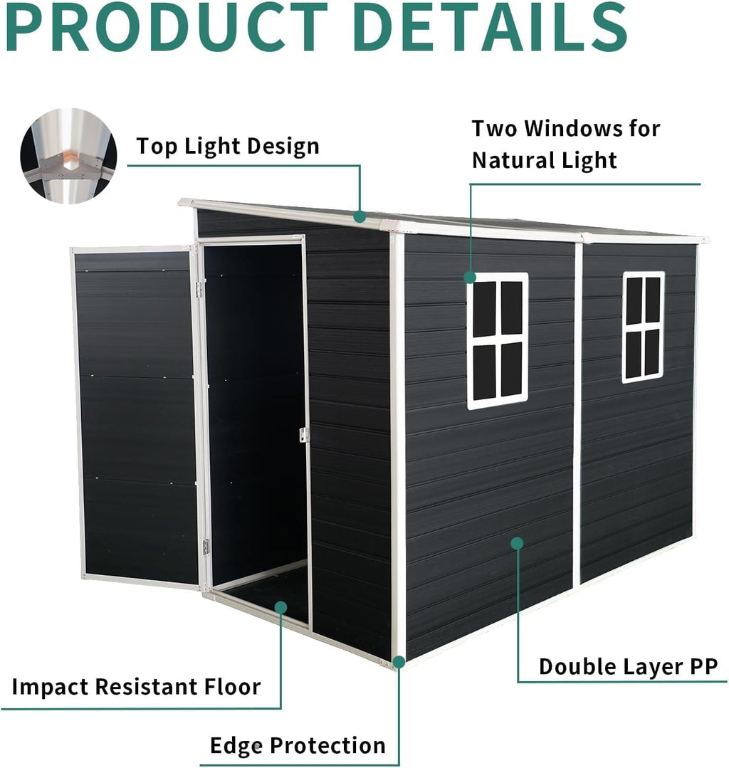 KUIKUI Shed with Floor Included, 8x4ft Storage Sheds, Plastic Lean to Backyard Shed with 2 Windows and Lockable Door, for Garden Tools, Bike, Carbon Black