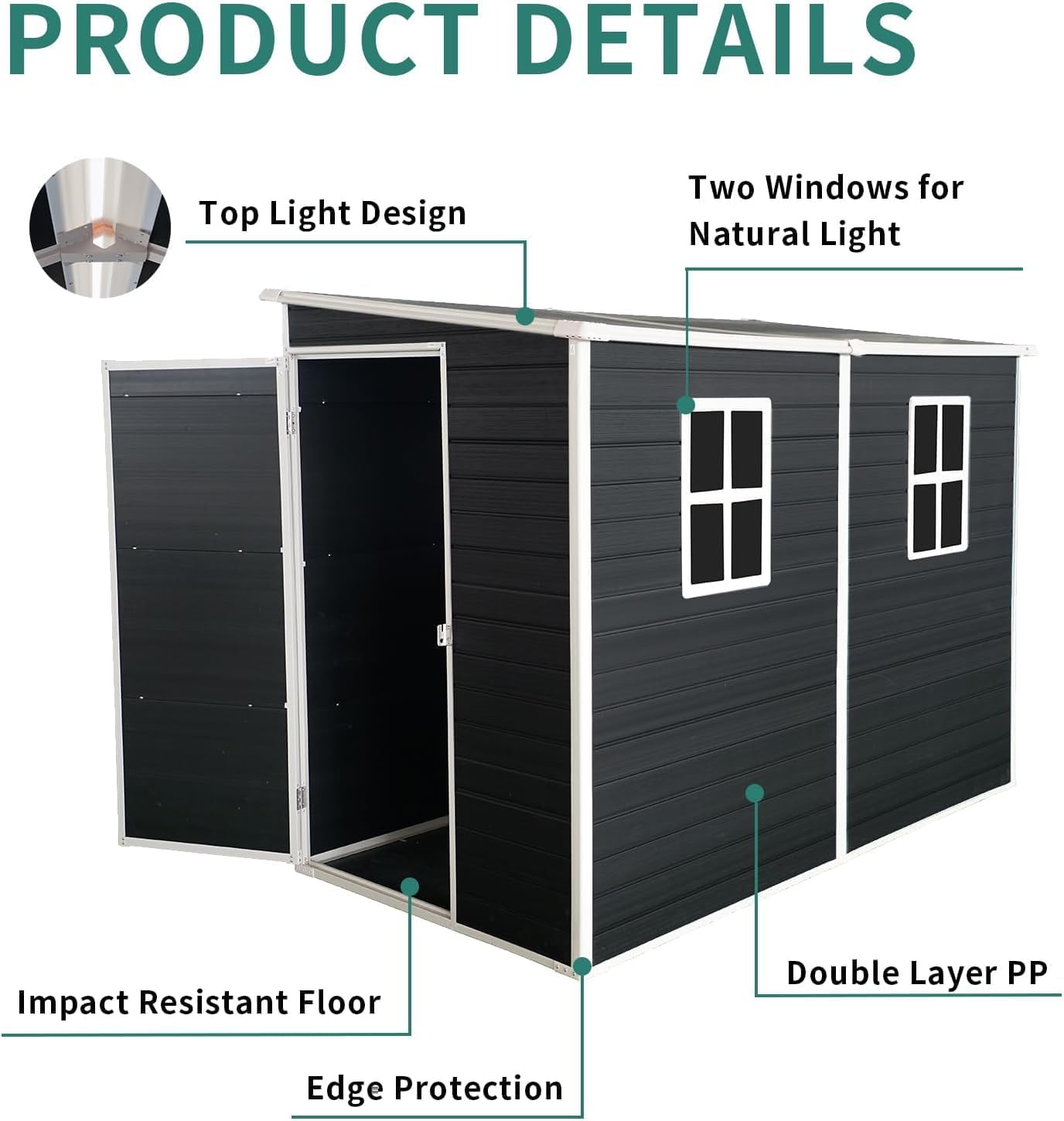 KUIKUI Shed with Floor Included, 8x4ft Storage Sheds, Plastic Lean to Backyard Shed with 2 Windows and Lockable Door, for Garden Tools, Bike, Carbon Black