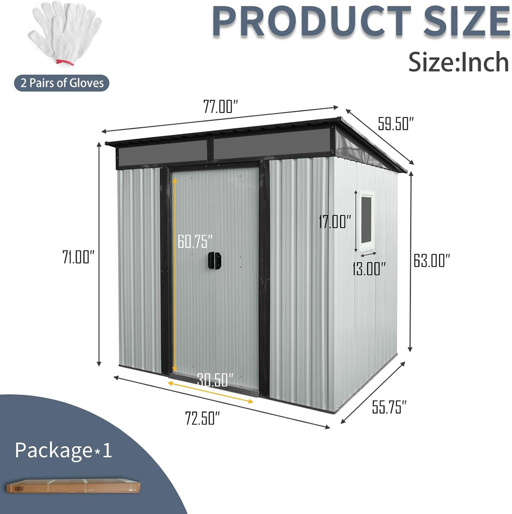 JT 6X4.5FT Outdoor Storage Shed, Galvanized Metal Garden Shed with Window and Metal Foundation, Tool Storage Shed for Patio Lawn Backyard (White-Black-with The window-6ftx4.5ft)