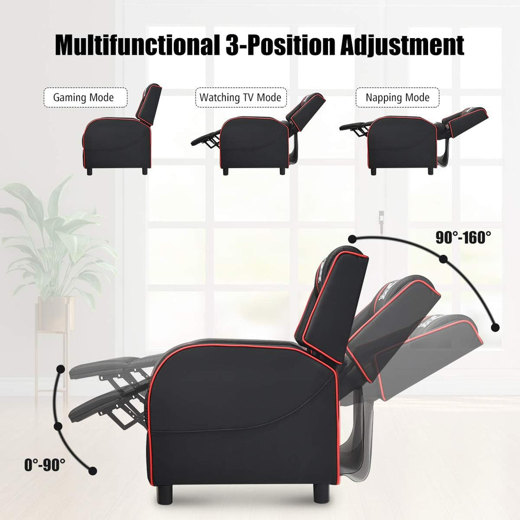 POWERSTONE Gaming Recliner Chair, Reclining Gaming Chairs for Adults Ergonomic Leather Sofa with Footrest Lumbar Support Headrest and Side Pouch for Living Room Home Theater, Red