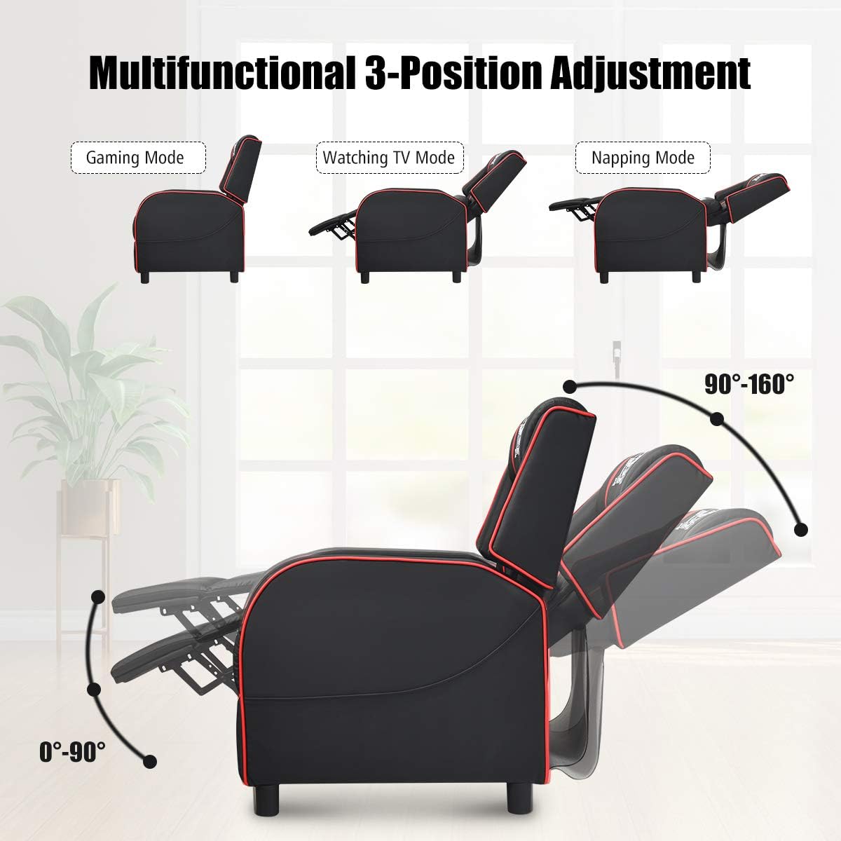 POWERSTONE Gaming Recliner Chair, Reclining Gaming Chairs for Adults Ergonomic Leather Sofa with Footrest Lumbar Support Headrest and Side Pouch for Living Room Home Theater, Red