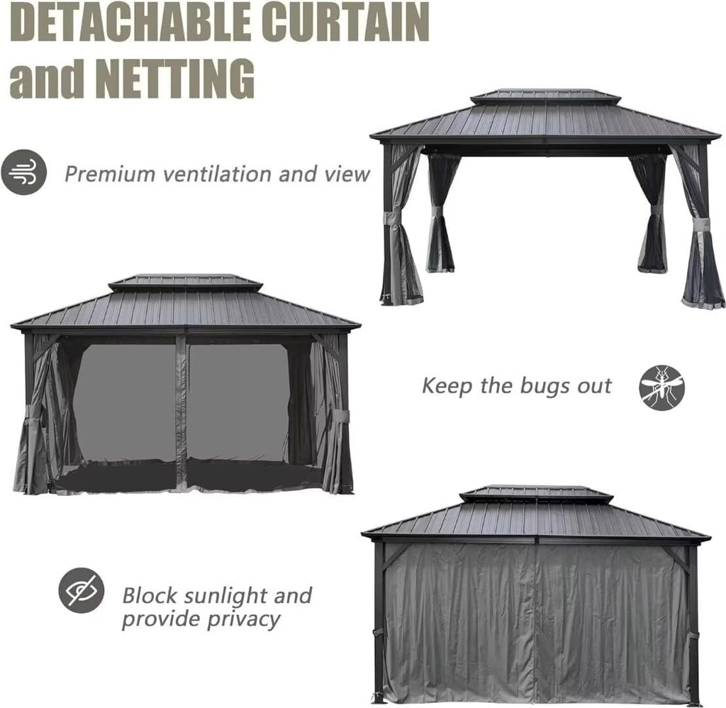Domi 8' X 10' Hardtop Gazebo Canopy with Netting & Curtains, Outdoor Metal Gazebo with Galvanized Steel Double Roof for Patio Lawn and Garden, Gray
