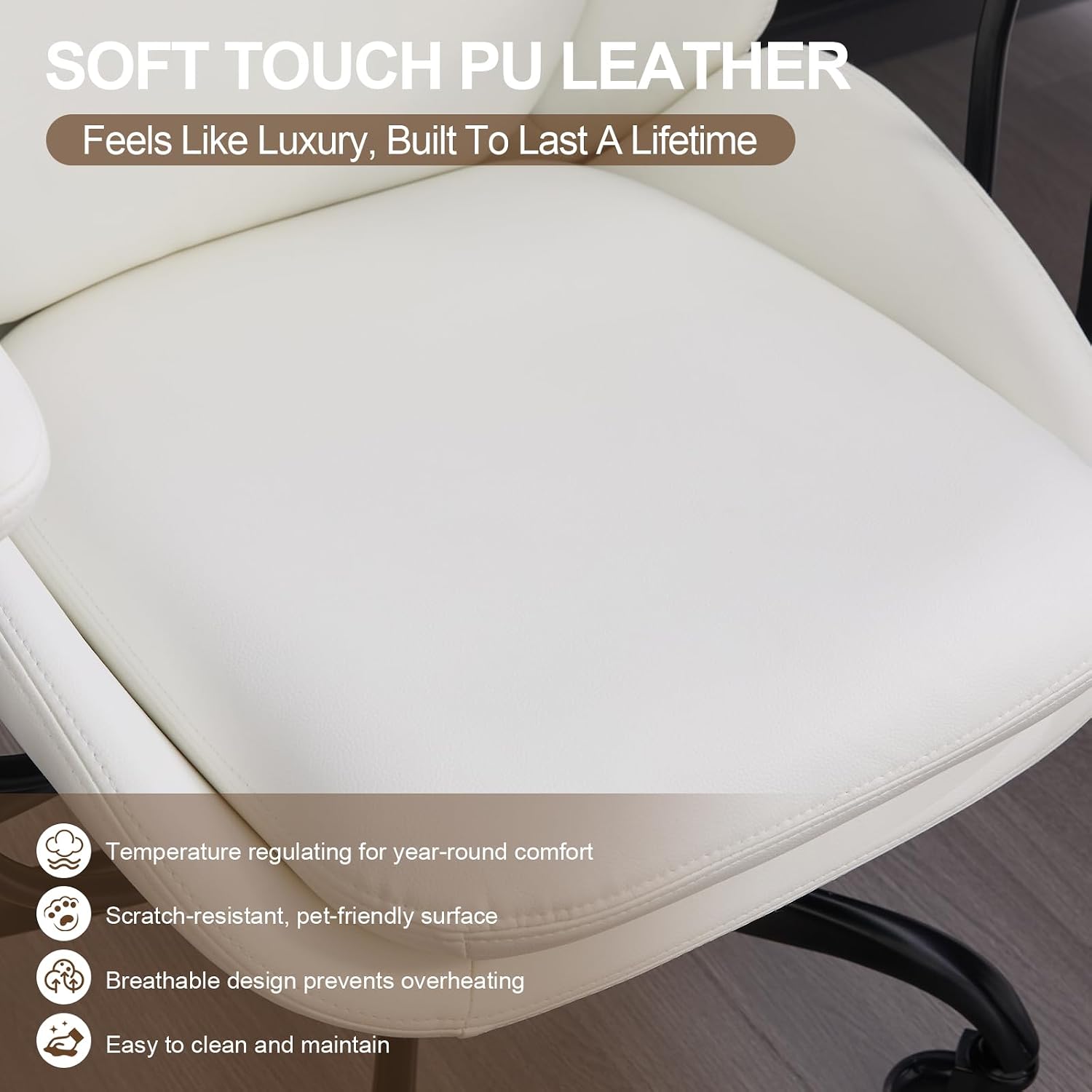 E-Motie Office Chair, Leather Desk Chair with Rubber Wheels, Ergonomic Computer Chair 500 LBS with Lumbar Support, High Back Executive Chair for Modern Home Office, White