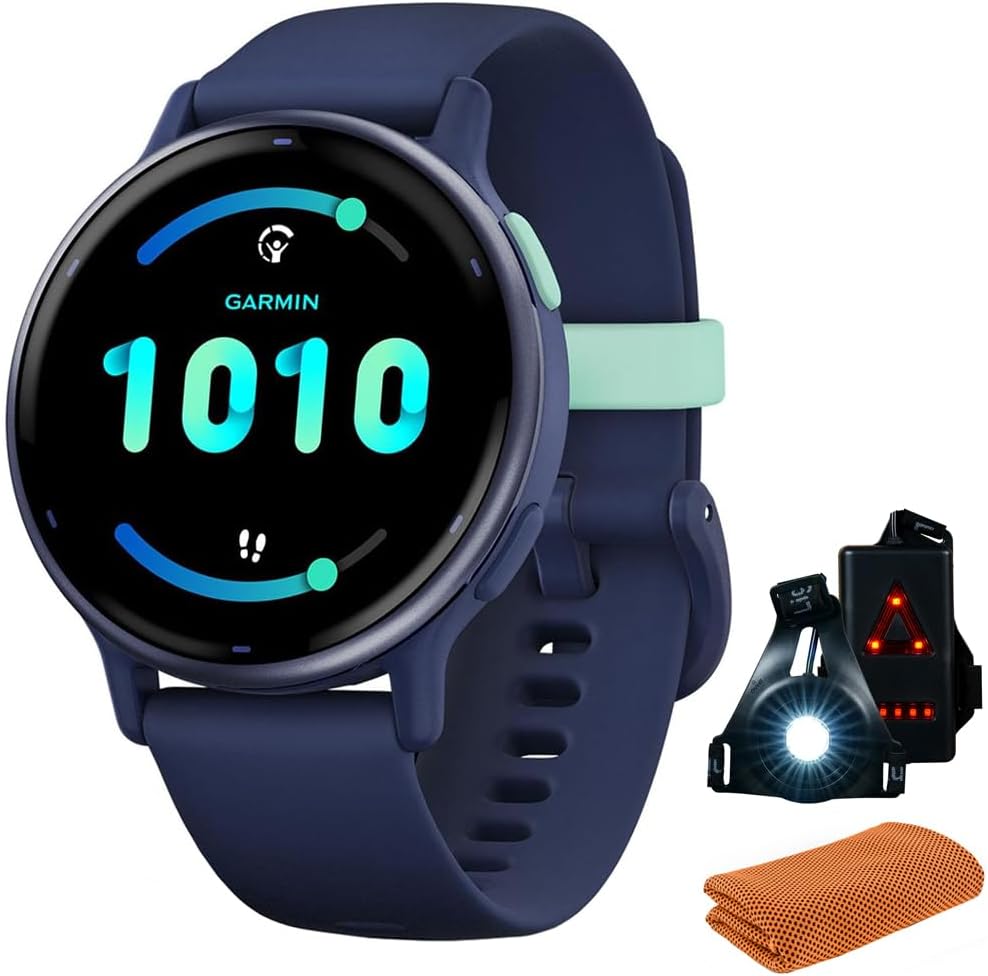 Garmin 010-02862-12 Vivoactive 5 Fitness Smartwatch, Navy | Official USA Partner Model | Bundle with Workout Cooling Sport Towel and Deco Essentials Wearable Commuter Front and Rear Safety Light