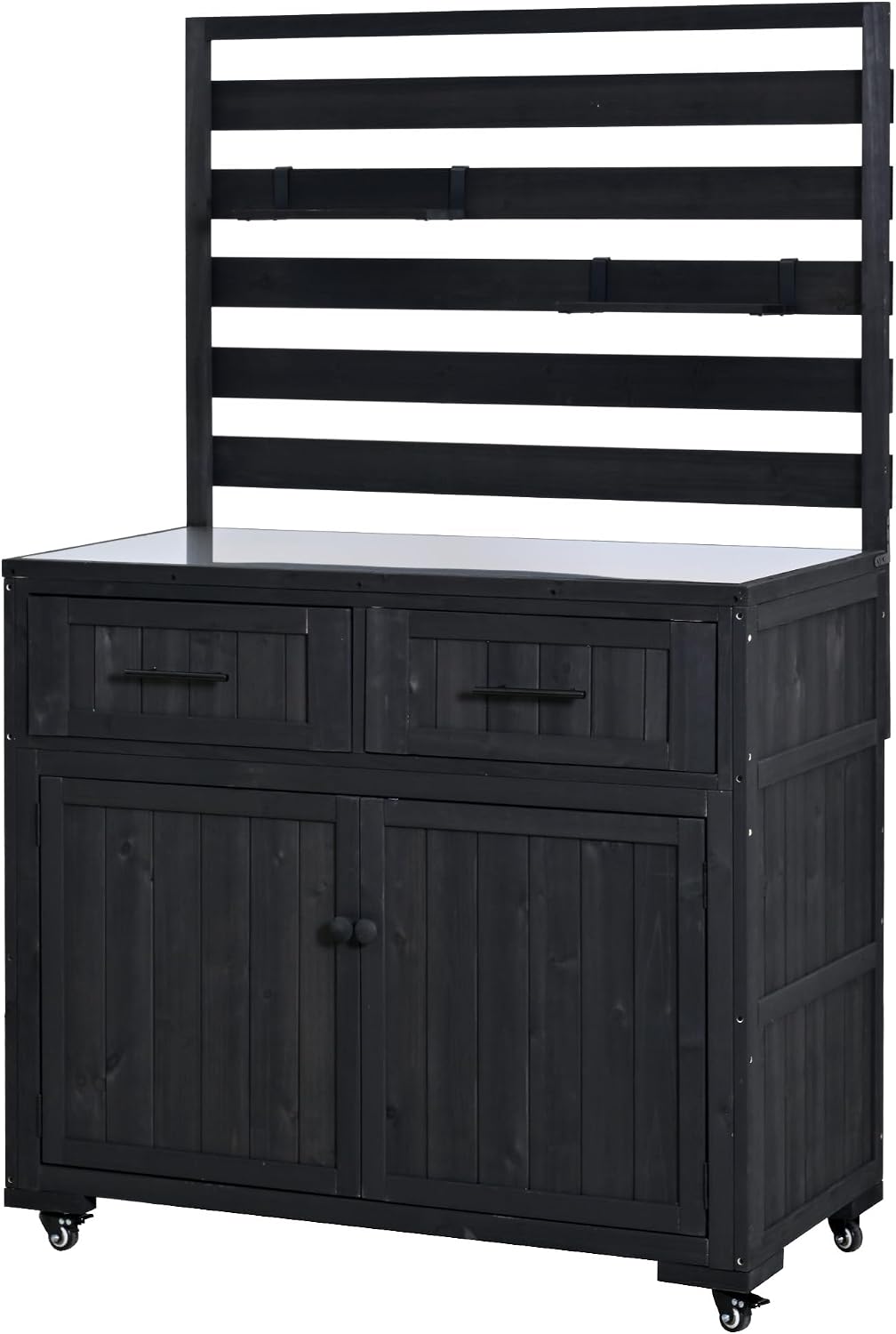 64.9'' H Large Patio Kitchen Island Solid Wood Kitchen Cart, Grill Prep BBQ Table, Garden Potting Bench with Stainless Table Top, 3 Movable Shelves and 2 Drawers (Black-64.9'')