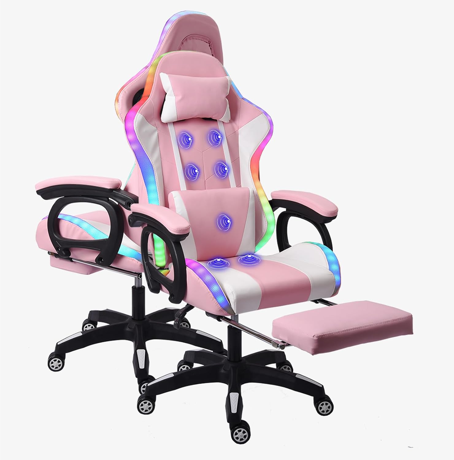 Video Gaming Chair with Speakers and RBG Lights,PC Chair with 7-Point Massage Lumbar Support and Footrest,Office Ergonomic Gaming Chair Adjustable Back and Armrest,Adult Gaming Chair.,Pink