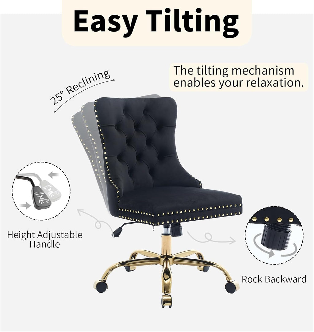 Black Velvet Armless Home Office Desk Chair with Wheels & Gold Base, Modern Comfortable Office Chair Rolling Task Chair, Upholstered Adjustable Computer Chair for Studio, Reception,Black
