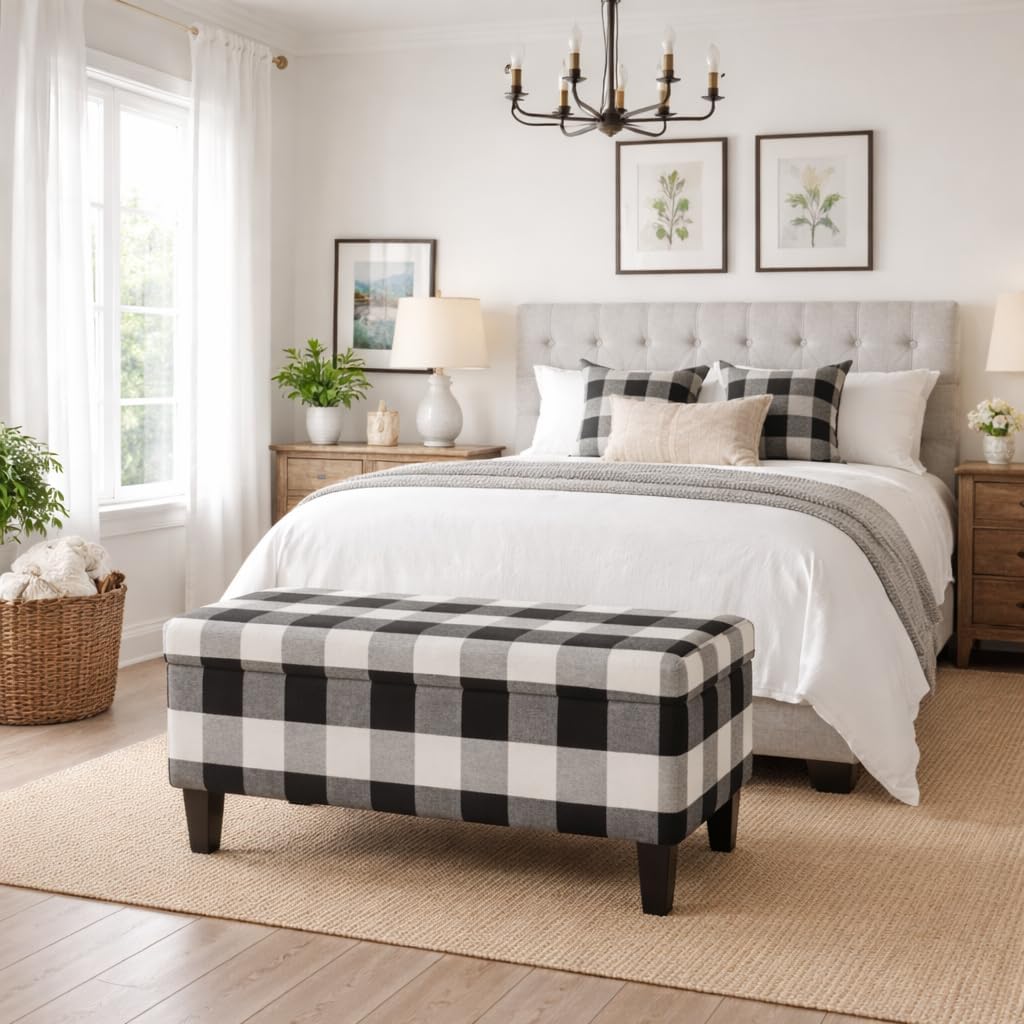 HomePop Large Upholstered Rectangular Storage Ottoman Bench with Hinged Lid, Black Buffalo Plaid