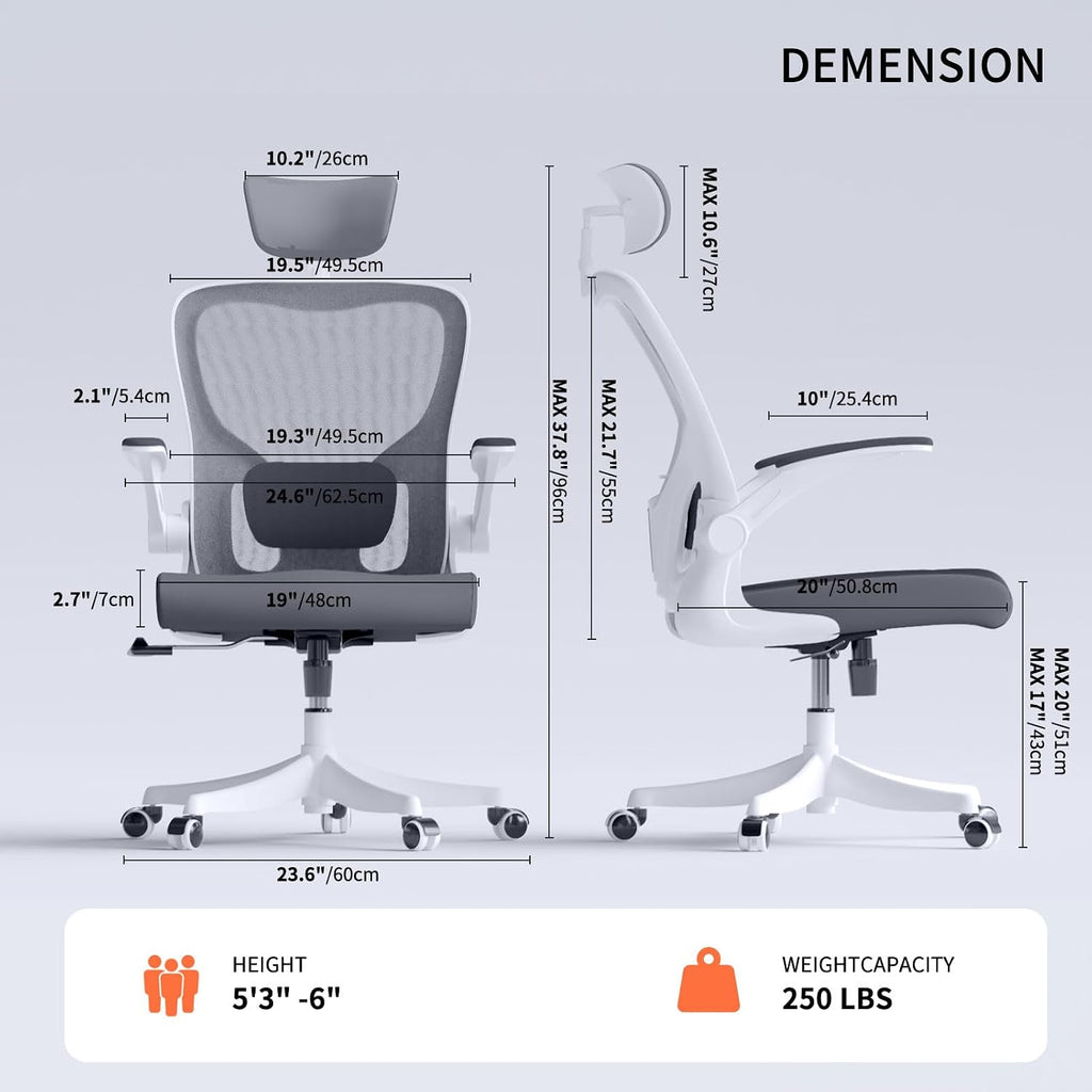 Monhey Ergonomic Office Chair, 90°-125° Tilt Back Home Desk Chair with 360° Swivel & Mute Wheels, High Back Mesh Computer Chair for Adults with Lumbar Support, 330 LBS Capacity(02White+Grey)