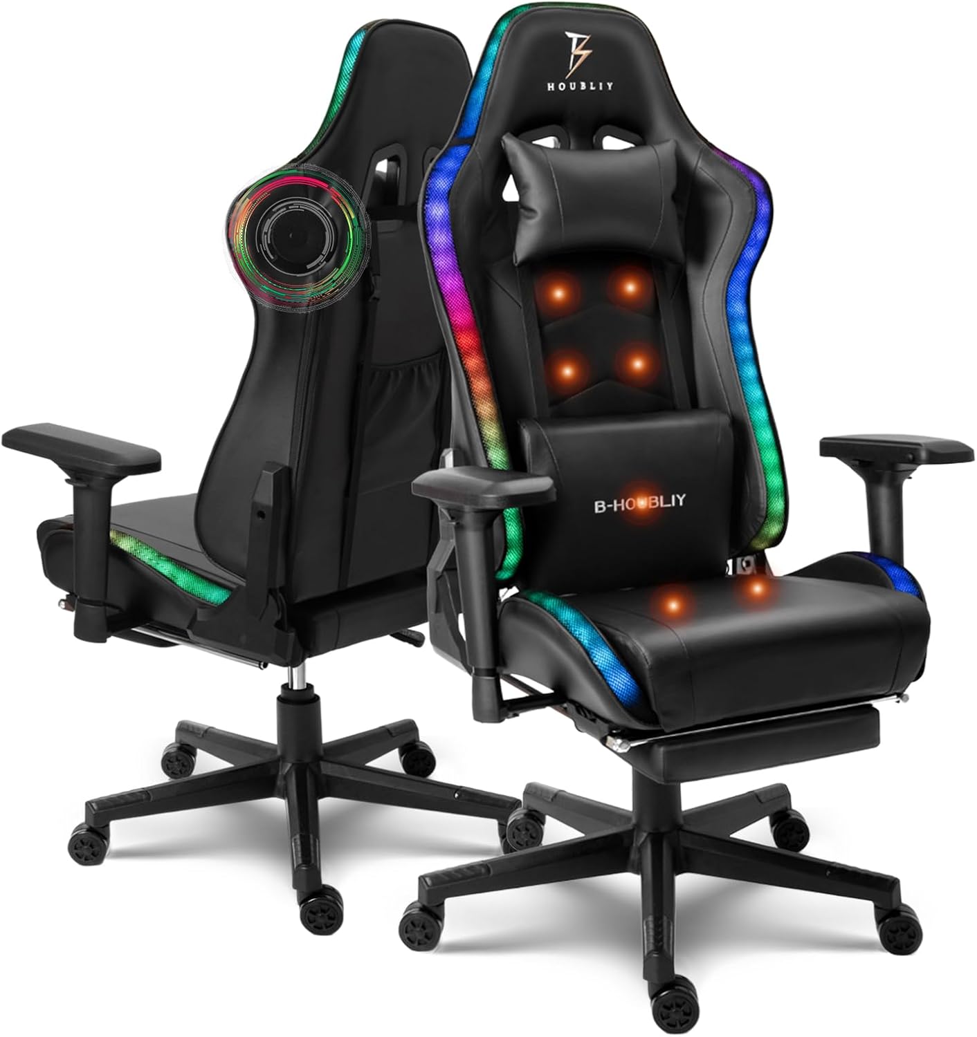 Gaming Chair with Bluetooth Speakers RGB Video Game Chairs with Full Massage PU Leather Ergonomic Pro Desk Chairs PC Racing Style Silla Gamer for Adults Teens,Black