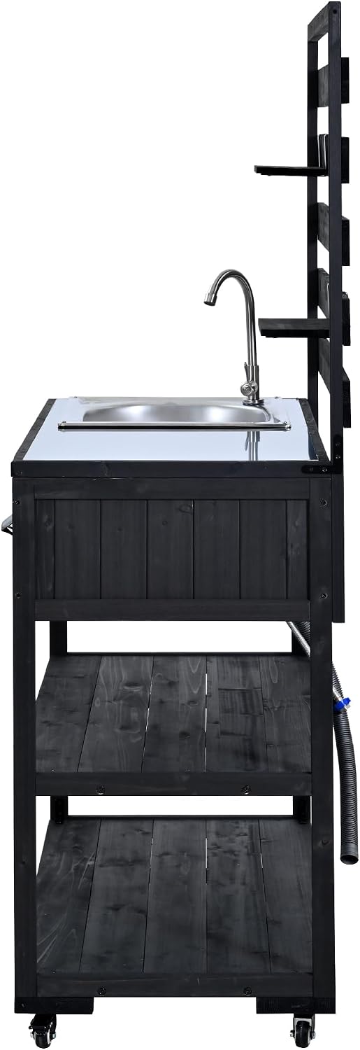 41.7'' Large Patio Rolling Kitchen Island Solid Wood Kitchen Cart with Sink, Garden Potting Bench with Stainless Table Top, 2 Movable Shelves and 1 Bottle Opener (Black-41.7'')