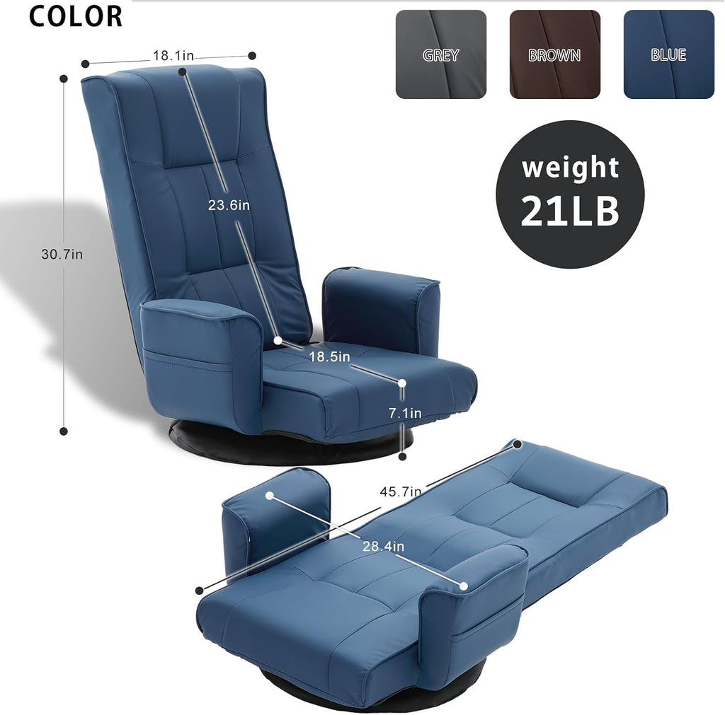 360 Degree Swivel Floor Chairs for Adults, Faux Leather Gaming Floor Chair with Back Support, 14 Angles Adjustable Comfortable Floor Lounge Chair Folding Video Game Chairs Office Bedroom