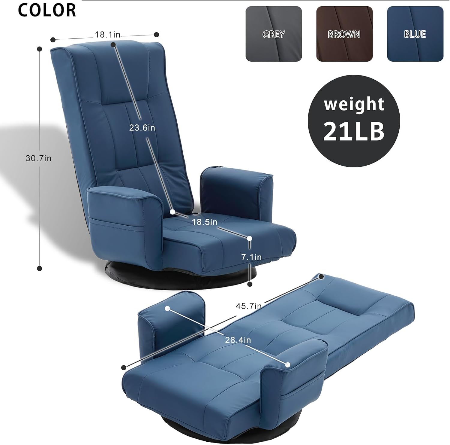 360 Degree Swivel Floor Chairs for Adults, Faux Leather Gaming Floor Chair with Back Support, 14 Angles Adjustable Comfortable Floor Lounge Chair Folding Video Game Chairs Office Bedroom